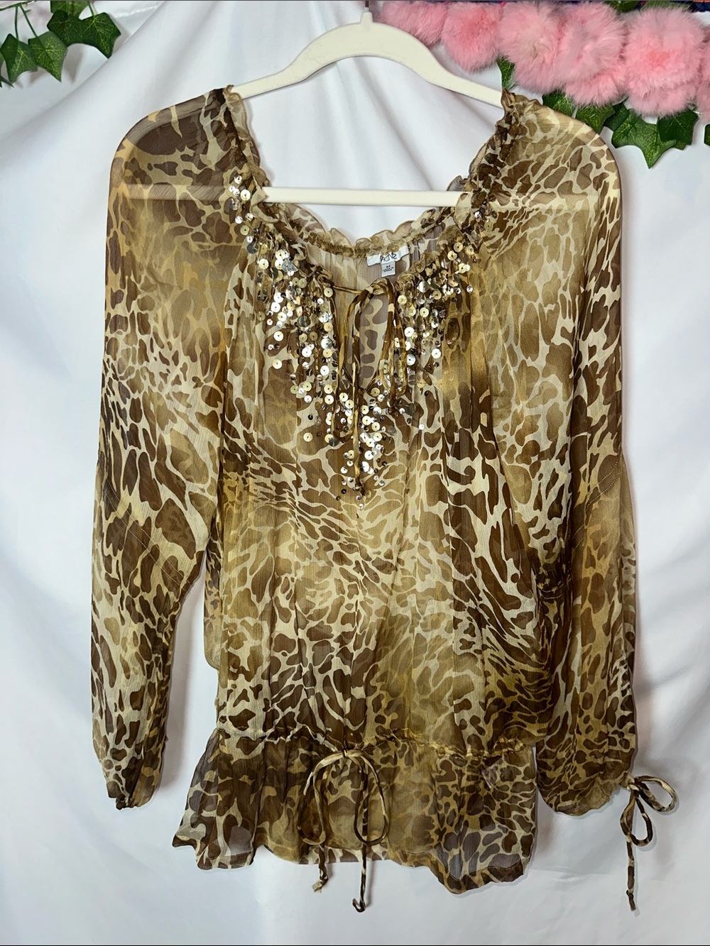 Cache Brown Animal Print Sequin Tie-Neck Blouse